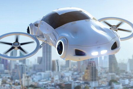 Futuristisches Flugauto schwebt über einer modernen Stadt