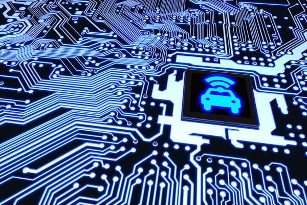 Blue circuit board closeup connected to a cpu with a glowing car wifi symbol on top smart vehicle concept 3D illustration