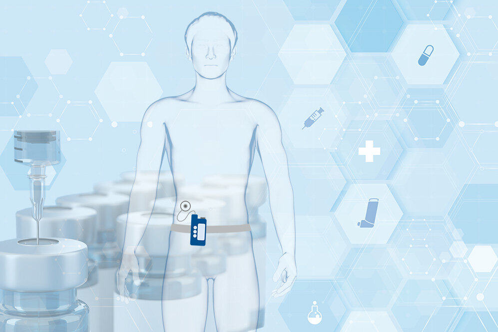 Grafische Darstellung pharmazeutischer Geräte mit Figur und medizinischen Symbolen für Patientenversorgung