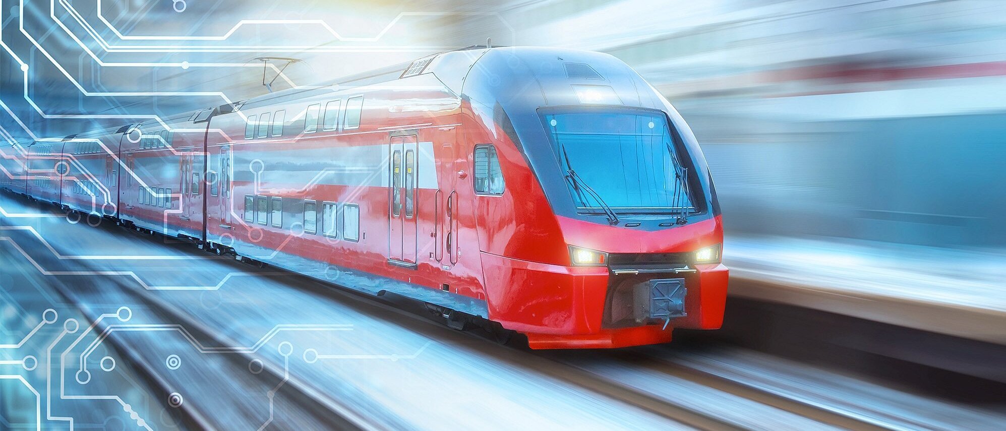 Roter moderner Zug mit digitaler Grafik für innovative Bahntechnik und Schienenmobilität