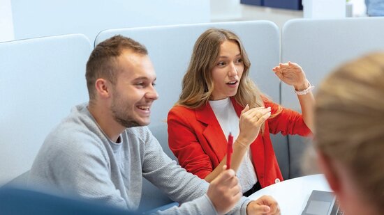Zwei Mitarbeiter bei einem Gespräch mit weiteren Personen